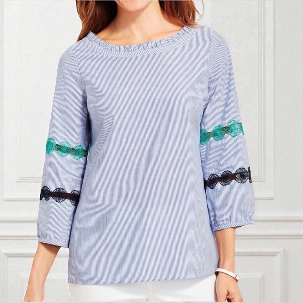 Talbots Lace Appliqué Top Size Medium Casual 3/4 Sleeve Ruffles Lightweight